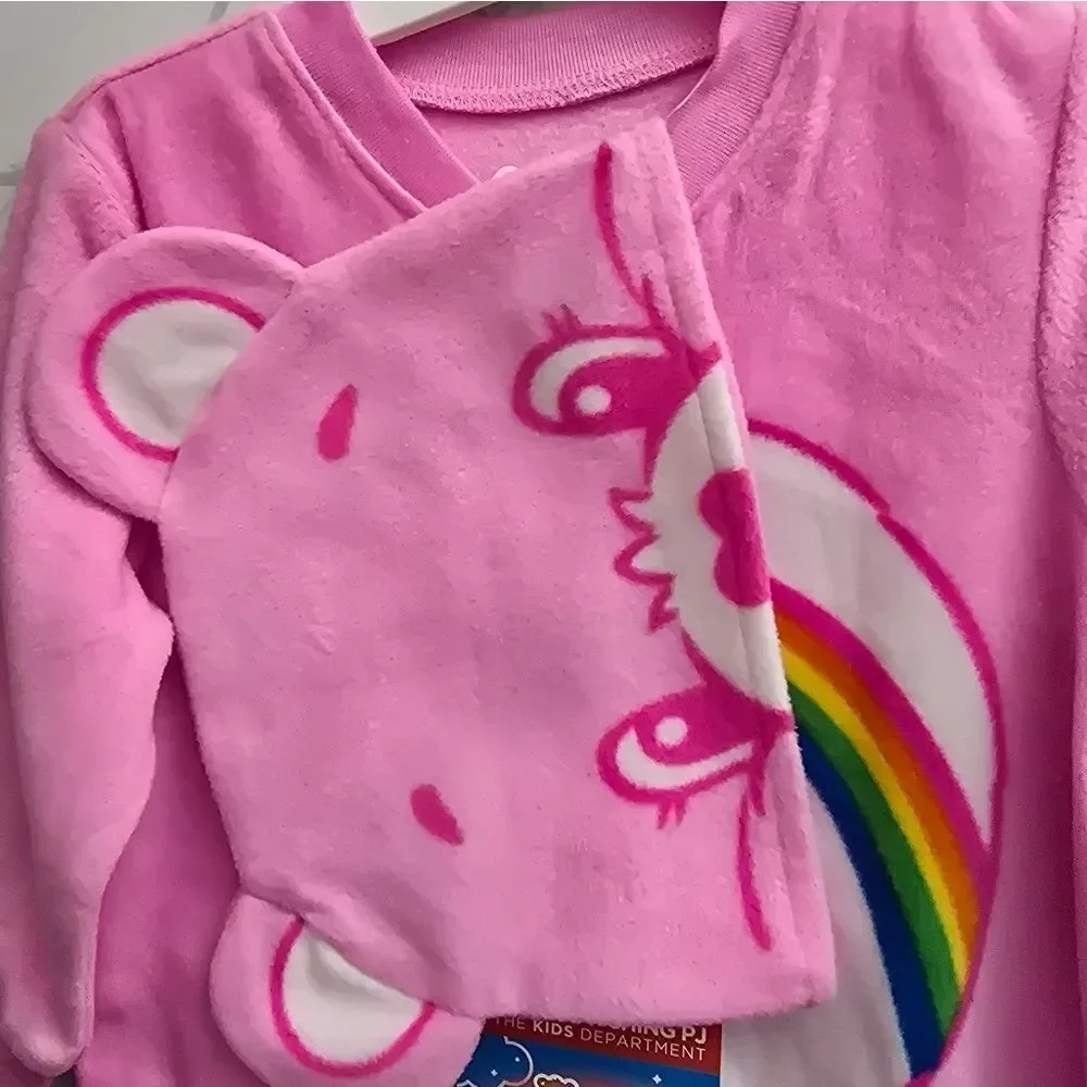 Nwt Toddler Girl's Care Bears Pink Blanket Sleeper Footed Pajama w Hat